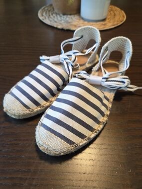 J.Crew Striped D'Orsay Lace Up Espadrille Sandals Navy Cream NWOB 6.5